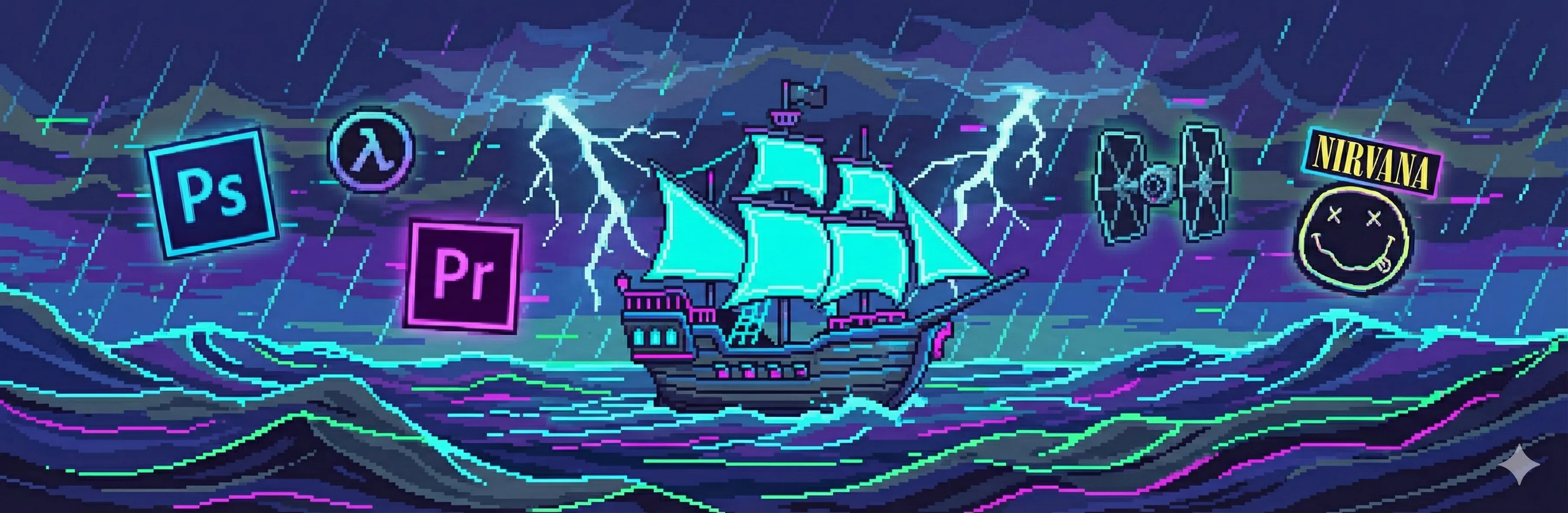 A pixelart image of a pirate ship sailing a digital ocean, surrounded by icons for Adobe Photoshop, Premiere Pro, Star Wars, Half-Life and Nirvana.