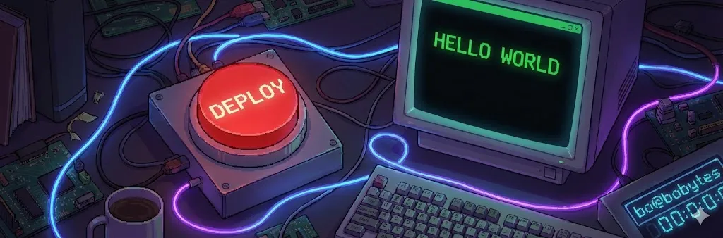 A cartoonish image of a big red button that says "Deploy", set on a desk full of retro tech.