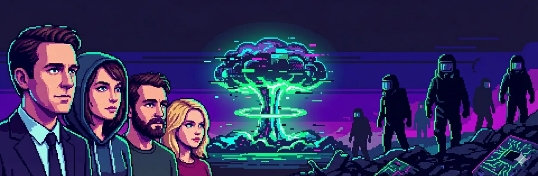 A pixel-art image of a nuclear blast, with the cast of Halt and Catch Fire on one side and people in hazmat suits on the other.