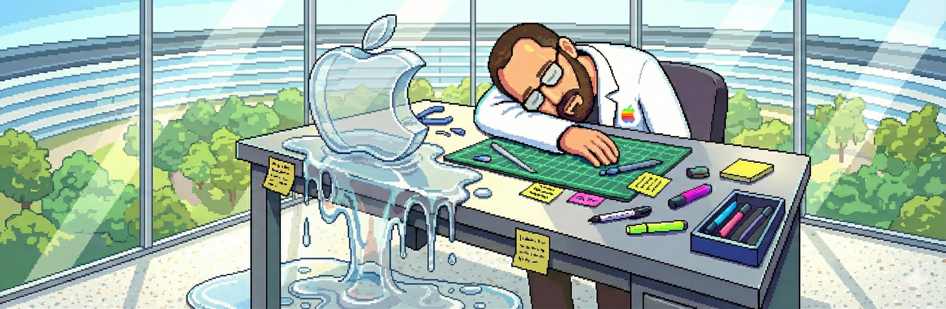 A pixel-art image of a designer in an Apple lab coat sleeping on his desk as a glass statue of the Apple logo is melting off the table and on to the floor.