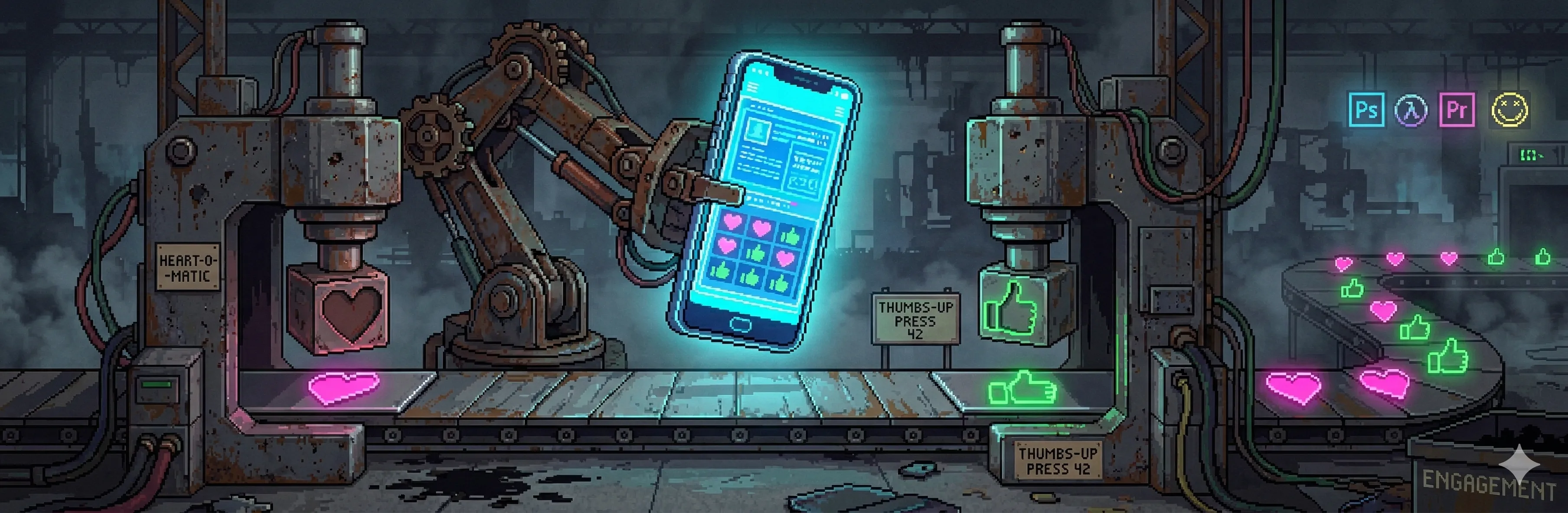 A pixel-art illustration of a glowing smartphone attached to a dirty, industrial factory assembly line, with hearts and thumbs-up icons being mechanically stamped out by heavy iron presses.